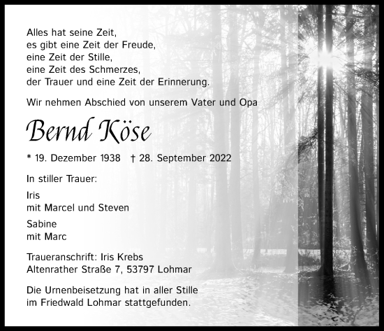Anzeige von Bernd Köse von Kölner Stadt-Anzeiger / Kölnische Rundschau / Express