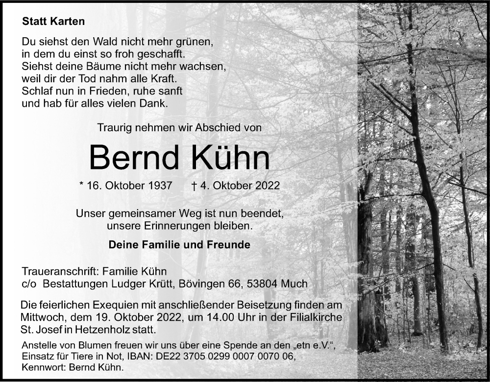  Traueranzeige für Bernd Kühn vom 15.10.2022 aus Kölner Stadt-Anzeiger / Kölnische Rundschau / Express