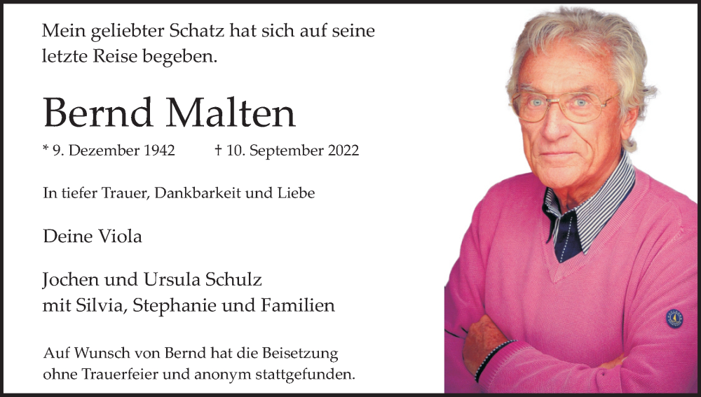  Traueranzeige für Bernd Malten vom 15.10.2022 aus Kölner Stadt-Anzeiger / Kölnische Rundschau / Express