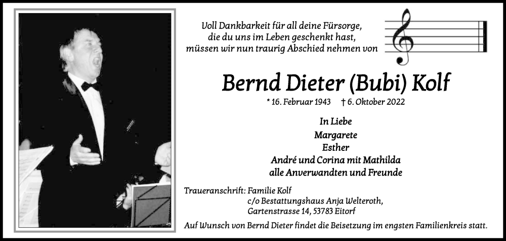  Traueranzeige für Bernd Dieter Kolf vom 15.10.2022 aus Kölner Stadt-Anzeiger / Kölnische Rundschau / Express