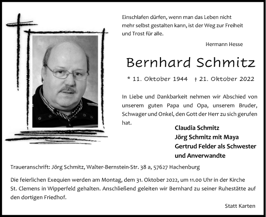 Anzeige von Bernhard Schmitz von Kölner Stadt-Anzeiger / Kölnische Rundschau / Express