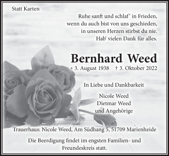 Anzeige von Bernhard Weed von  Anzeigen Echo 