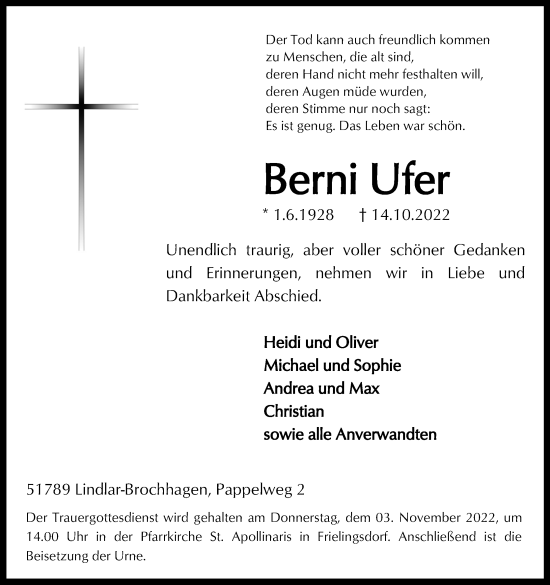 Anzeige von Berni Ufer von Kölner Stadt-Anzeiger / Kölnische Rundschau / Express