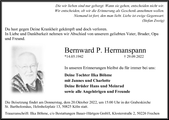 Anzeige von Bernward P. Hermanspann von Kölner Stadt-Anzeiger / Kölnische Rundschau / Express