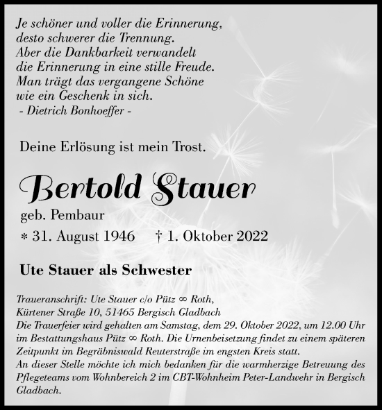 Anzeige von Bertold Stauer von Kölner Stadt-Anzeiger / Kölnische Rundschau / Express