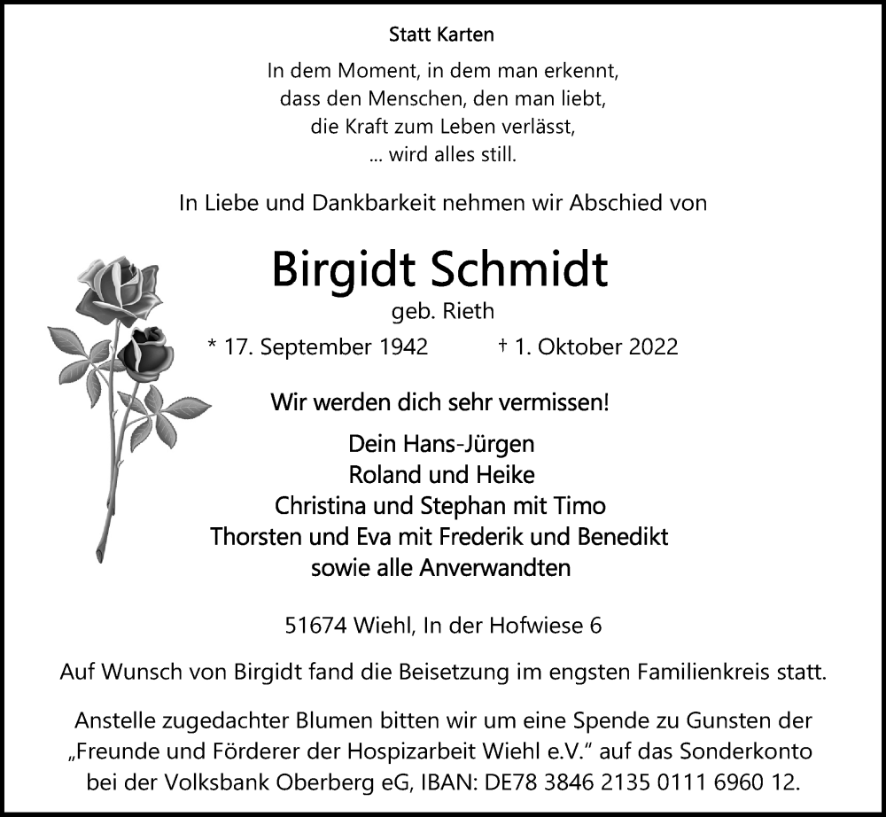  Traueranzeige für Birgidt Schmidt vom 08.10.2022 aus Kölner Stadt-Anzeiger / Kölnische Rundschau / Express