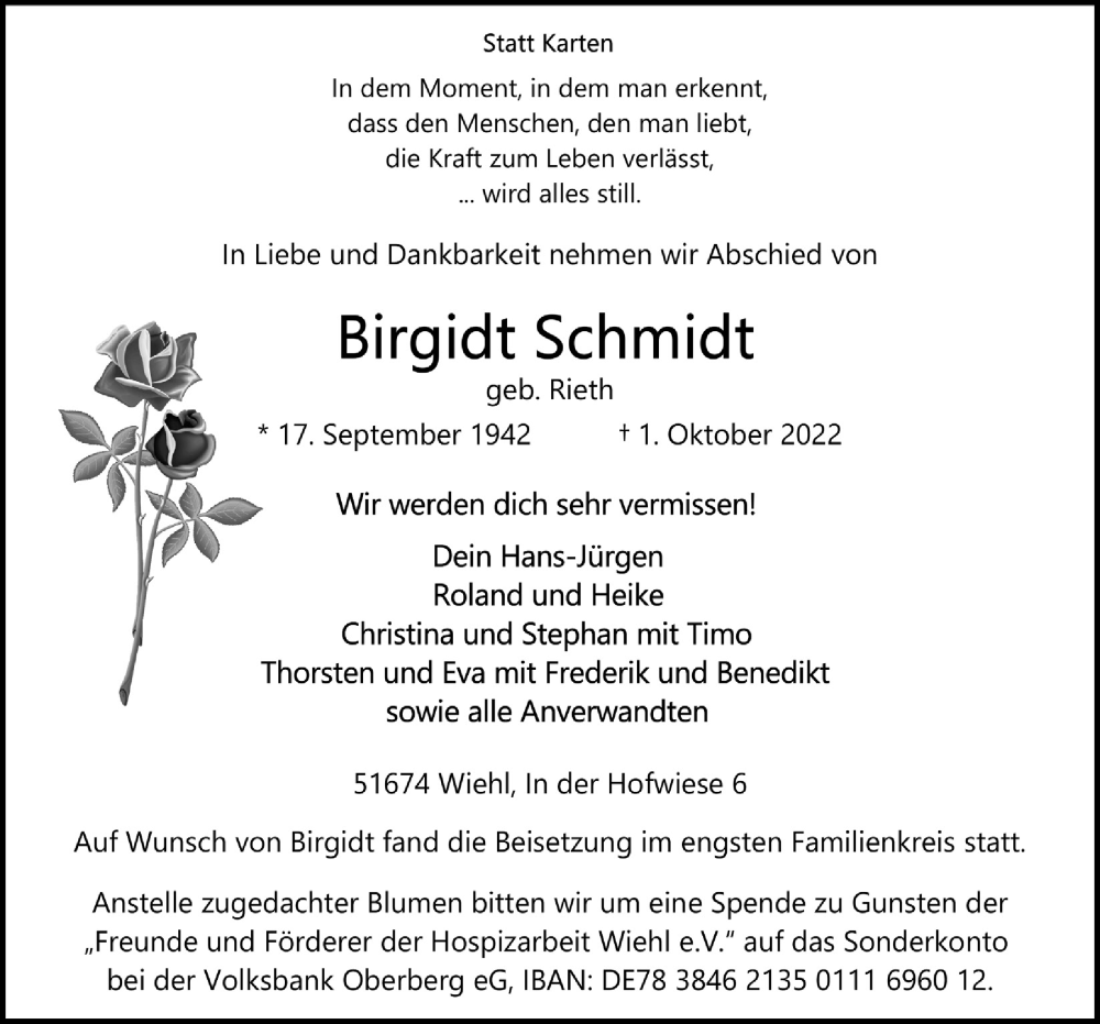 Traueranzeige für Birgidt Schmidt vom 07.10.2022 aus  Anzeigen Echo 