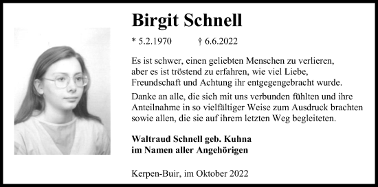 Anzeige von Birgit Schnell von Kölner Stadt-Anzeiger / Kölnische Rundschau / Express
