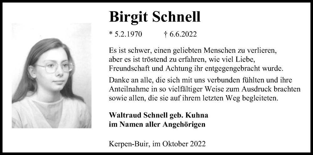  Traueranzeige für Birgit Schnell vom 29.10.2022 aus Kölner Stadt-Anzeiger / Kölnische Rundschau / Express