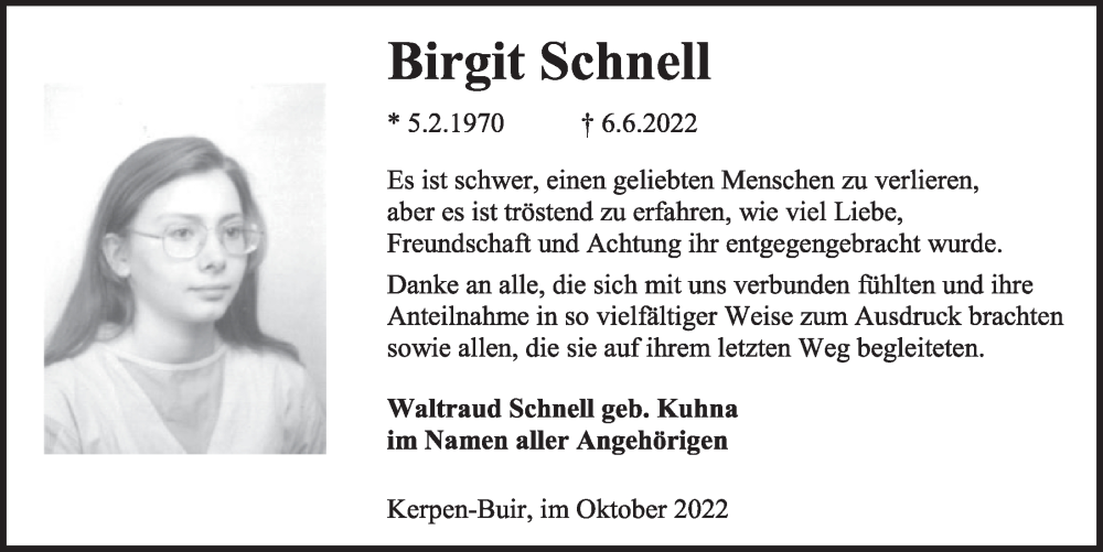  Traueranzeige für Birgit Schnell vom 28.10.2022 aus  Werbepost 