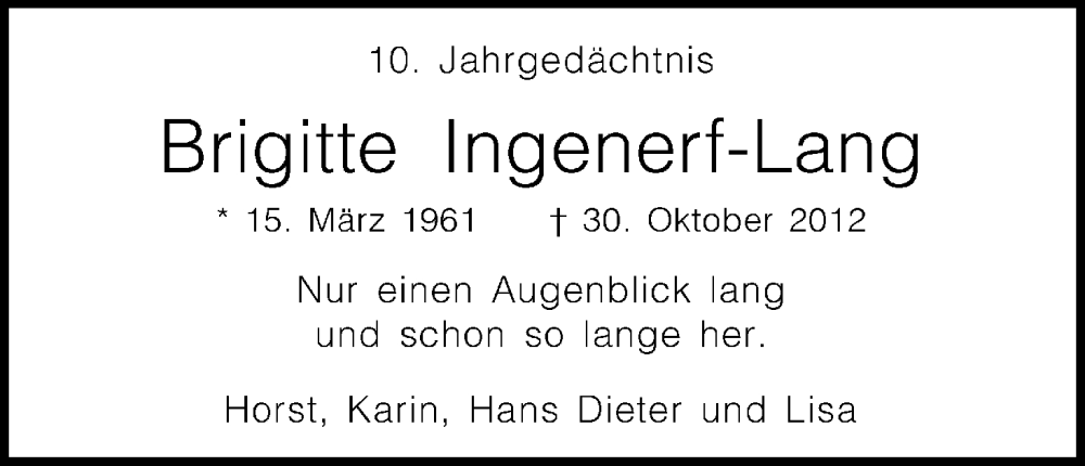  Traueranzeige für Brigitte Ingenerf-Lang vom 29.10.2022 aus Kölner Stadt-Anzeiger / Kölnische Rundschau / Express