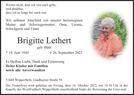 Anzeige von Brigitte Lethert von Kölner Stadt-Anzeiger / Kölnische Rundschau / Express