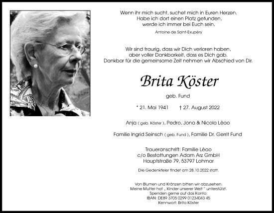 Anzeige von Brita Köster von Kölner Stadt-Anzeiger / Kölnische Rundschau / Express