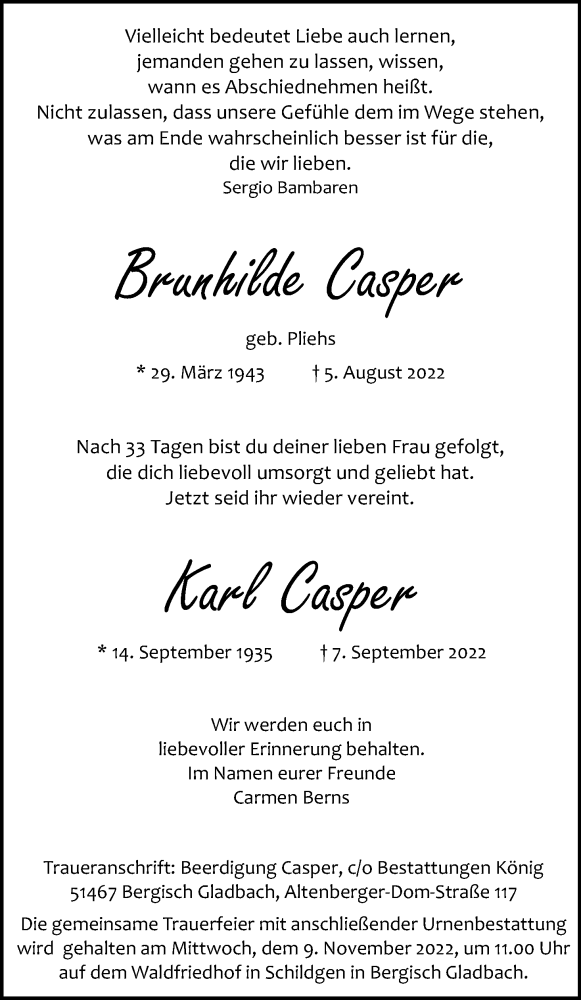  Traueranzeige für Brunhilde Casper vom 29.10.2022 aus Kölner Stadt-Anzeiger / Kölnische Rundschau / Express