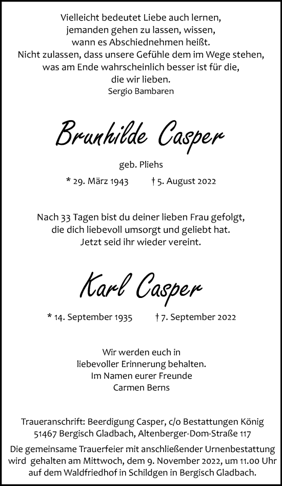 Anzeige von Brunhilde Casper von Kölner Stadt-Anzeiger / Kölnische Rundschau / Express