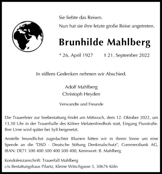 Anzeige von Brunhilde Mahlberg von Kölner Stadt-Anzeiger / Kölnische Rundschau / Express