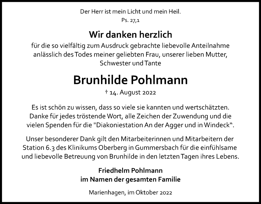  Traueranzeige für Brunhilde Pohlmann vom 08.10.2022 aus Kölner Stadt-Anzeiger / Kölnische Rundschau / Express