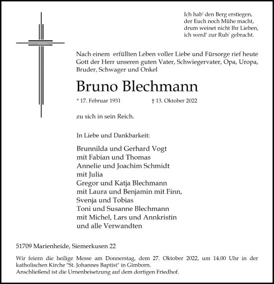 Anzeige von Bruno Blechmann von  Anzeigen Echo 