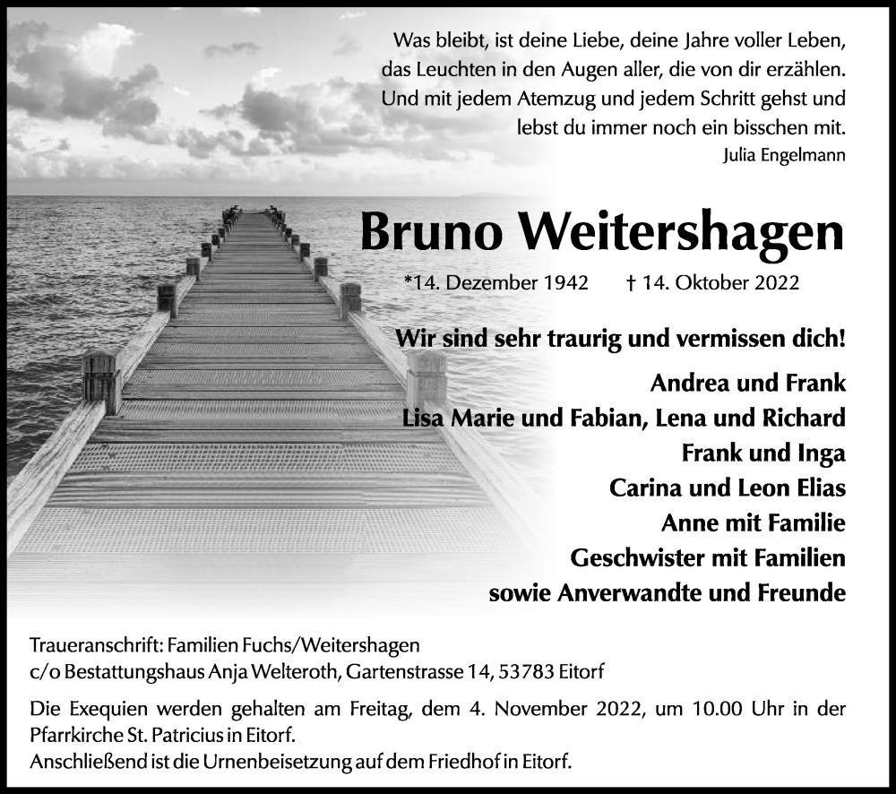  Traueranzeige für Bruno Weitershagen vom 22.10.2022 aus Kölner Stadt-Anzeiger / Kölnische Rundschau / Express
