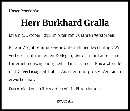Anzeige von Burkhard Gralla von Kölner Stadt-Anzeiger / Kölnische Rundschau / Express