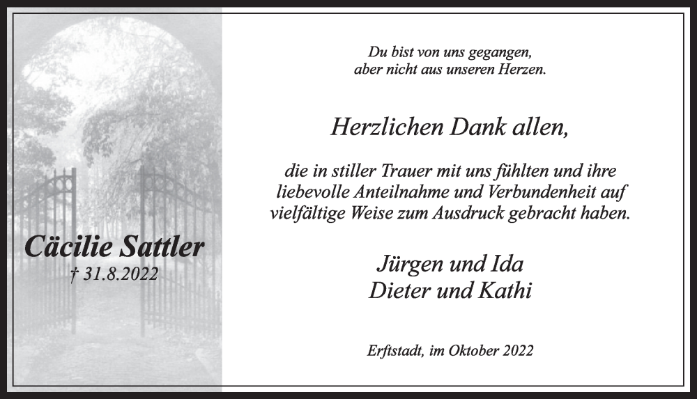  Traueranzeige für Cäcilie Sattler vom 21.10.2022 aus  Werbepost 