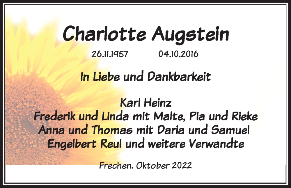  Traueranzeige für Charlotte Augstein vom 08.10.2022 aus Kölner Stadt-Anzeiger / Kölnische Rundschau / Express