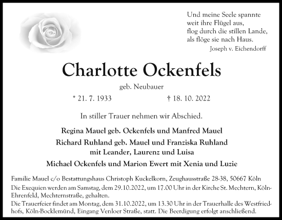 Anzeige von Charlotte Ockenfels von Kölner Stadt-Anzeiger / Kölnische Rundschau / Express