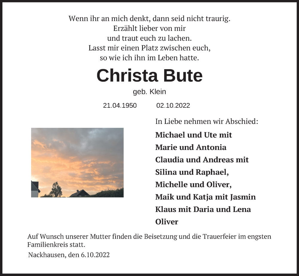  Traueranzeige für Christa Bute vom 08.10.2022 aus Kölner Stadt-Anzeiger / Kölnische Rundschau / Express