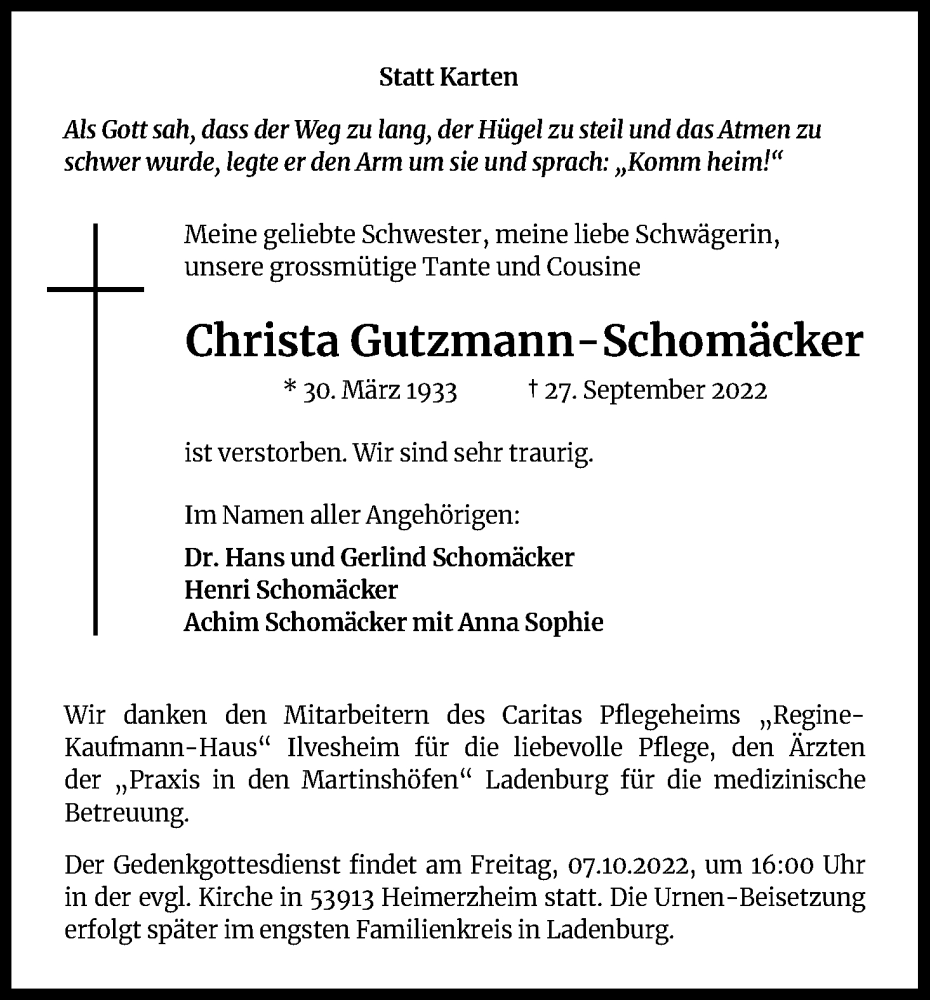  Traueranzeige für Christa Gutzmann-Schomäcker vom 01.10.2022 aus Kölner Stadt-Anzeiger / Kölnische Rundschau / Express