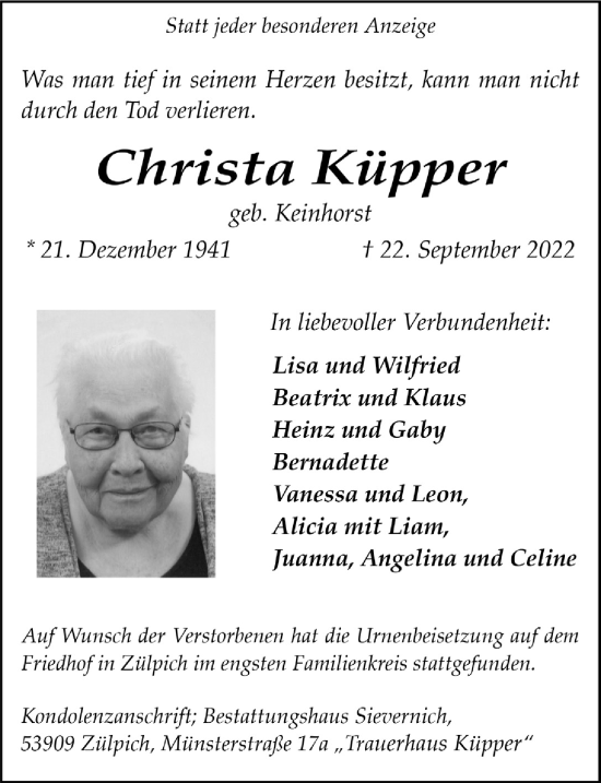 Anzeige von Christa Küpper von  Blickpunkt Euskirchen 