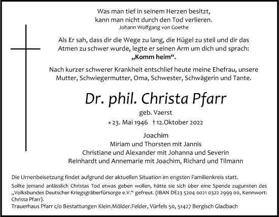 Anzeige von Christa Pfarr von Kölner Stadt-Anzeiger / Kölnische Rundschau / Express