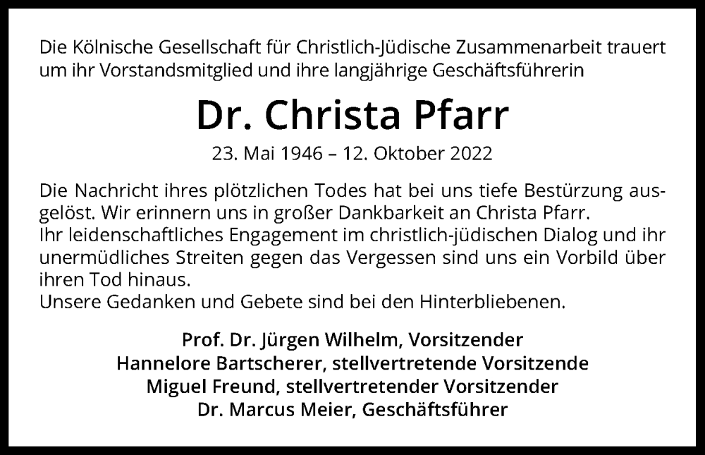  Traueranzeige für Christa Pfarr vom 22.10.2022 aus Kölner Stadt-Anzeiger / Kölnische Rundschau / Express