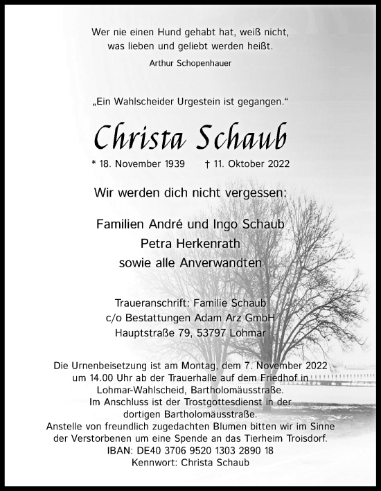 Anzeige von Christa Schaub von Kölner Stadt-Anzeiger / Kölnische Rundschau / Express