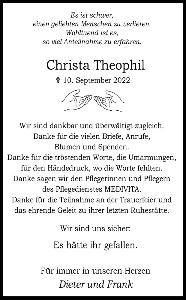  Traueranzeige für Christa Theophil vom 22.10.2022 aus Kölner Stadt-Anzeiger / Kölnische Rundschau / Express