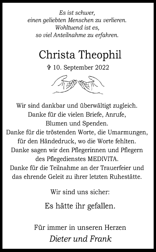 Anzeige von Christa Theophil von Kölner Stadt-Anzeiger / Kölnische Rundschau / Express