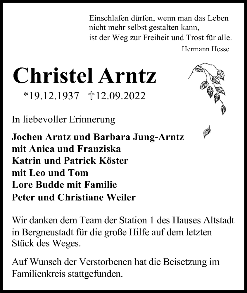  Traueranzeige für Christel Arntz vom 22.10.2022 aus Kölner Stadt-Anzeiger / Kölnische Rundschau / Express