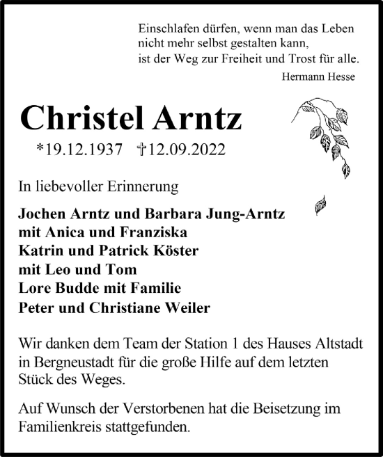 Anzeige von Christel Arntz von  Anzeigen Echo 