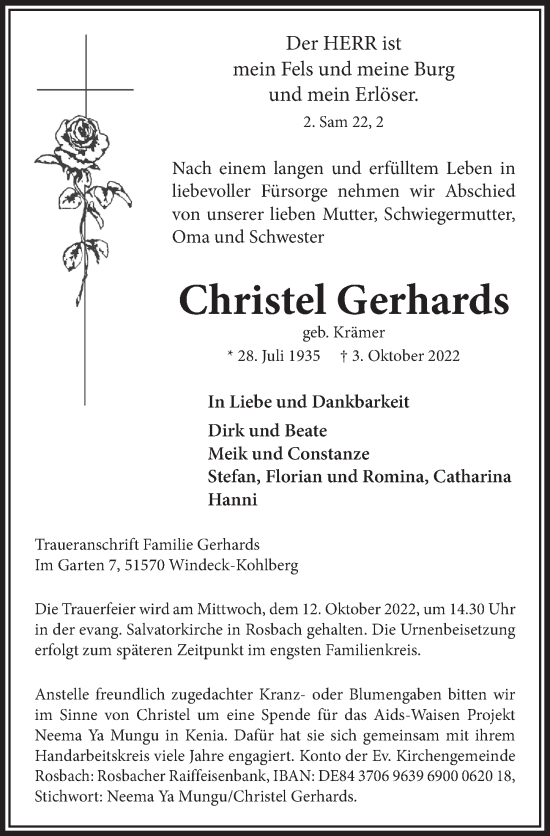 Anzeige von Christel Gerhards von  Lokalanzeiger 