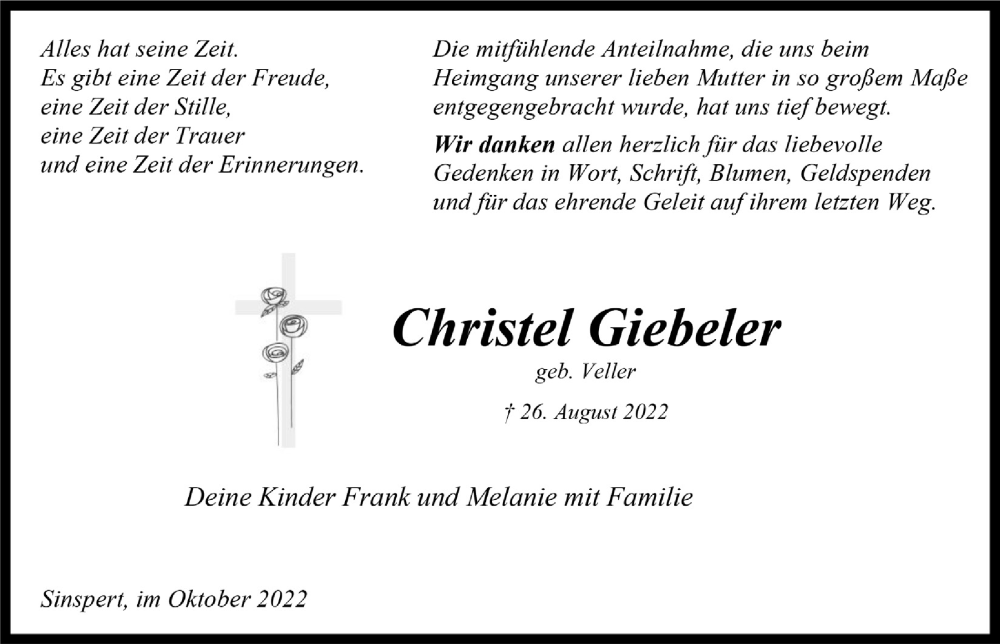  Traueranzeige für Christel Giebeler vom 14.10.2022 aus  Anzeigen Echo 