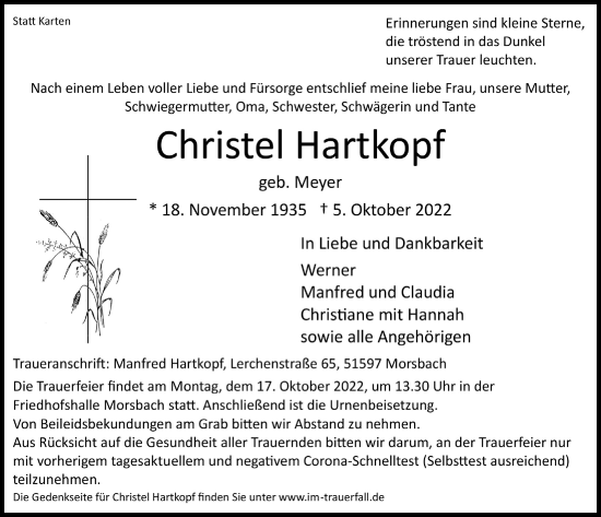 Anzeige von Christel Hartkopf von  Lokalanzeiger 