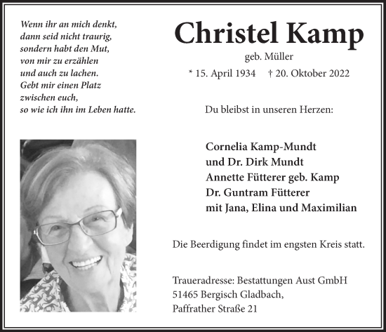 Anzeige von Christel Kamp von  Bergisches Handelsblatt 