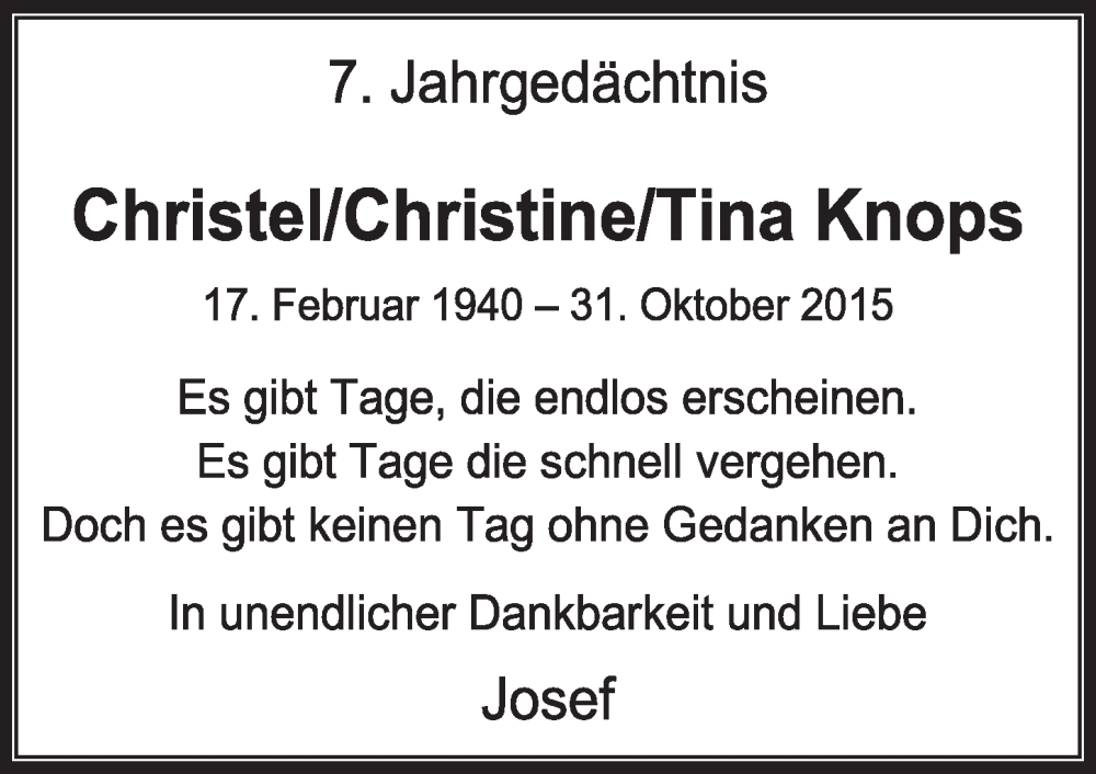  Traueranzeige für Christel Knops vom 18.07.2023 aus  Werbepost 