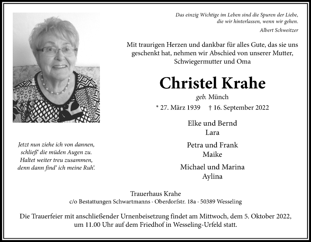  Traueranzeige für Christel Krahe vom 01.10.2022 aus Kölner Stadt-Anzeiger / Kölnische Rundschau / Express