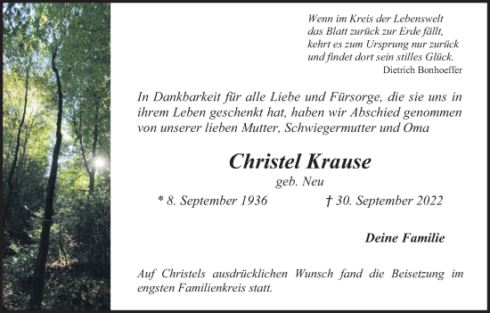 Anzeige von Christel Krause von Kölner Stadt-Anzeiger / Kölnische Rundschau / Express