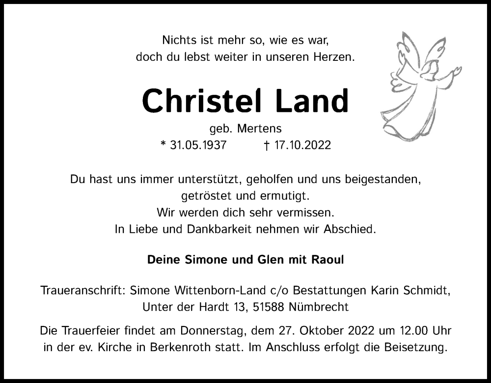  Traueranzeige für Christel Land vom 22.10.2022 aus Kölner Stadt-Anzeiger / Kölnische Rundschau / Express