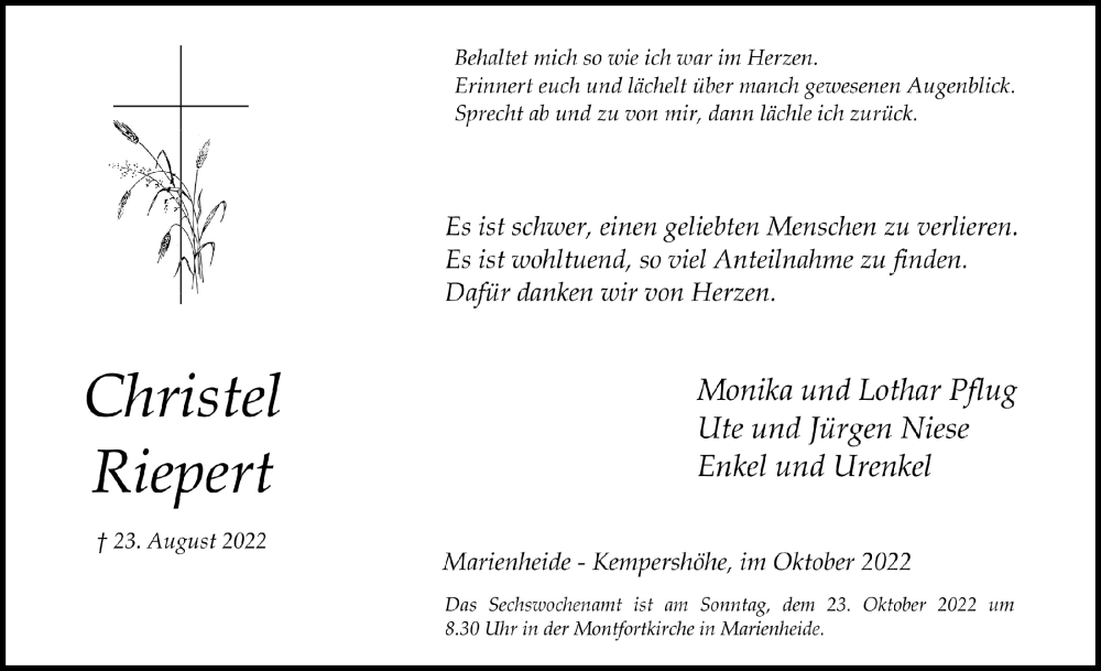  Traueranzeige für Christel Riepert vom 21.10.2022 aus  Anzeigen Echo 