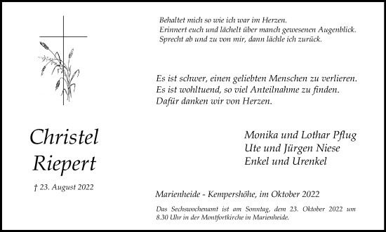 Anzeige von Christel Riepert von Kölner Stadt-Anzeiger / Kölnische Rundschau / Express