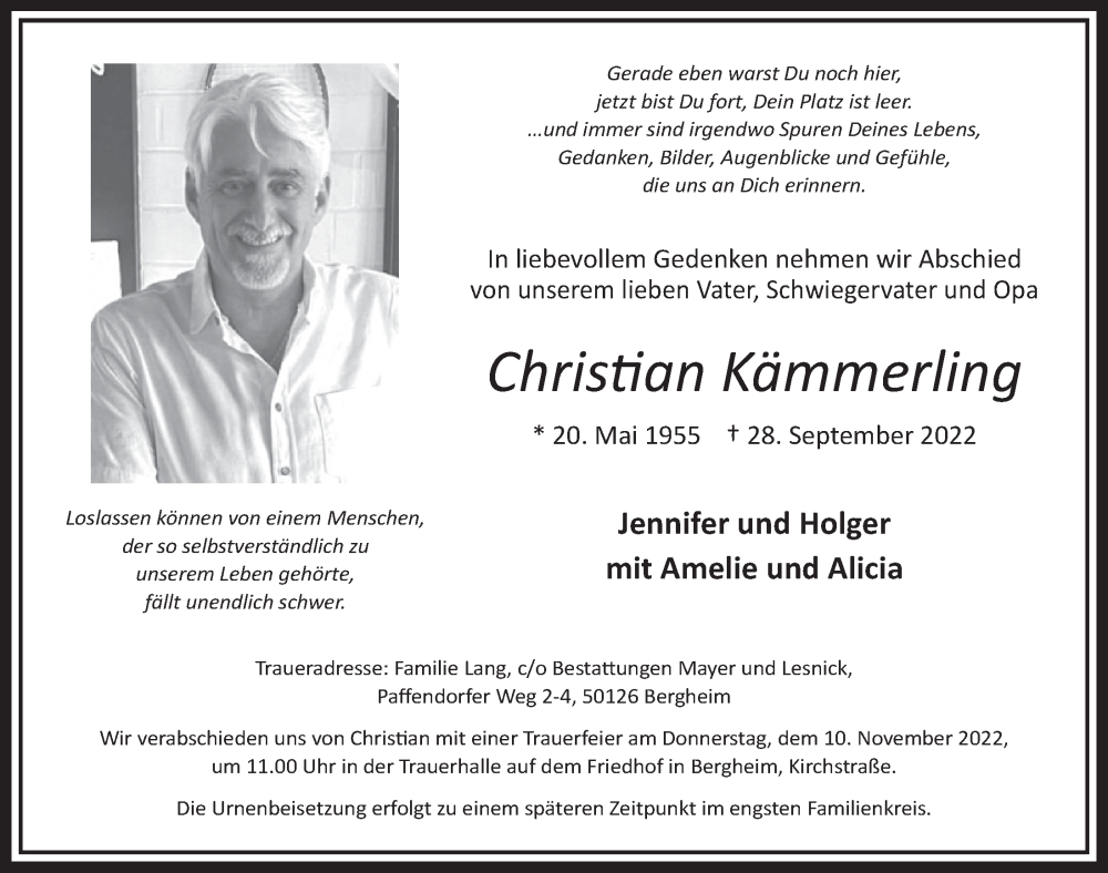  Traueranzeige für Christian Kämmerling vom 21.10.2022 aus  Werbepost 