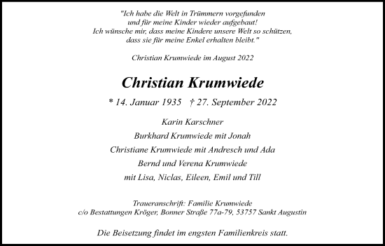 Anzeige von Christian Krumwiede von Kölner Stadt-Anzeiger / Kölnische Rundschau / Express