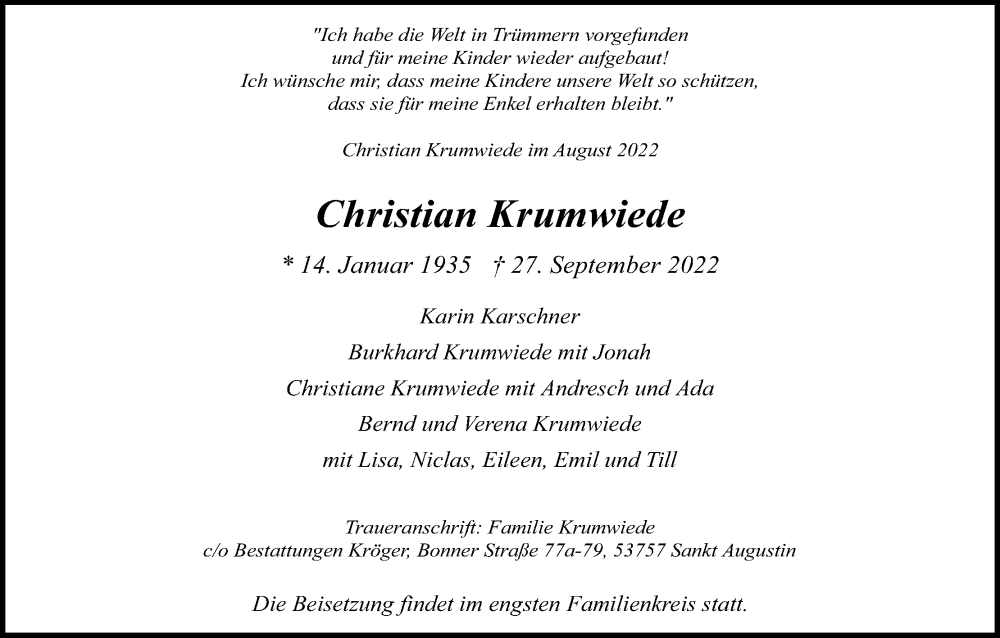  Traueranzeige für Christian Krumwiede vom 08.10.2022 aus Kölner Stadt-Anzeiger / Kölnische Rundschau / Express